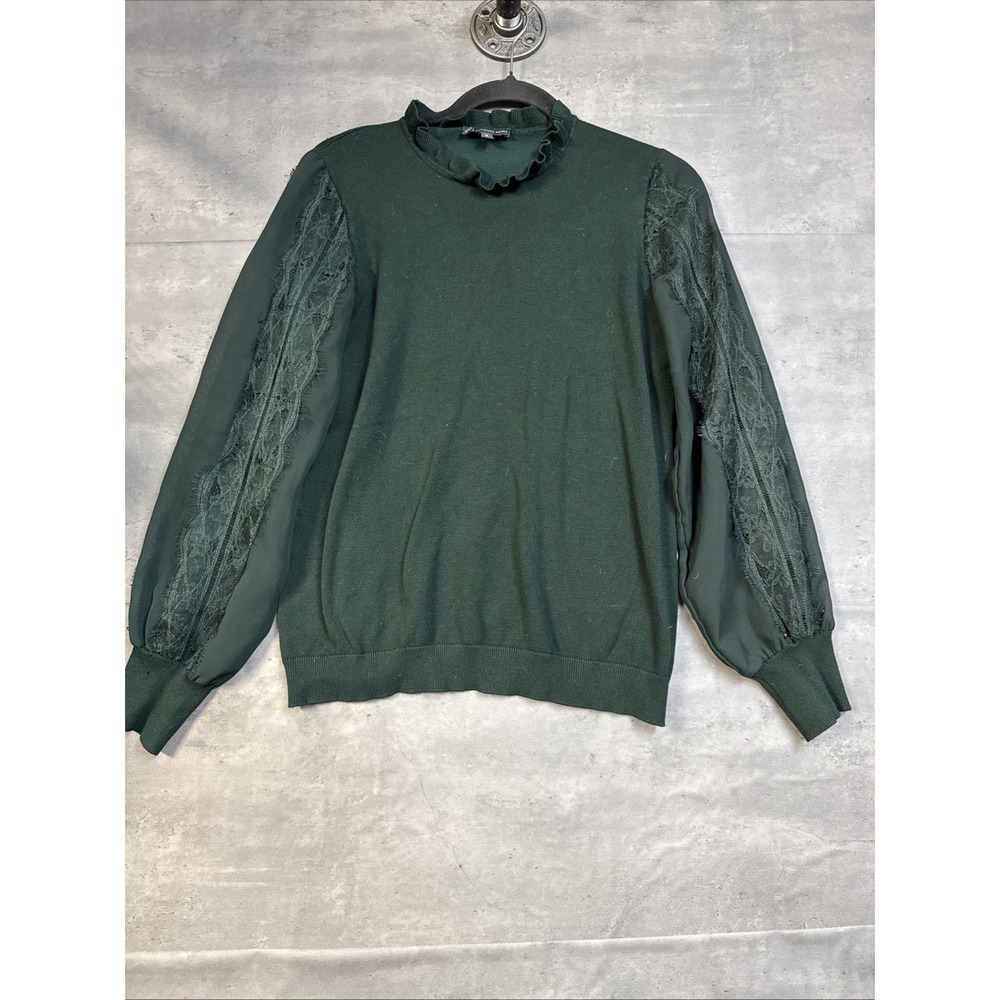 adrianna papell Top Dark Green Ruffled Mock Neck Sheer Lace Panel Sleeves  Med